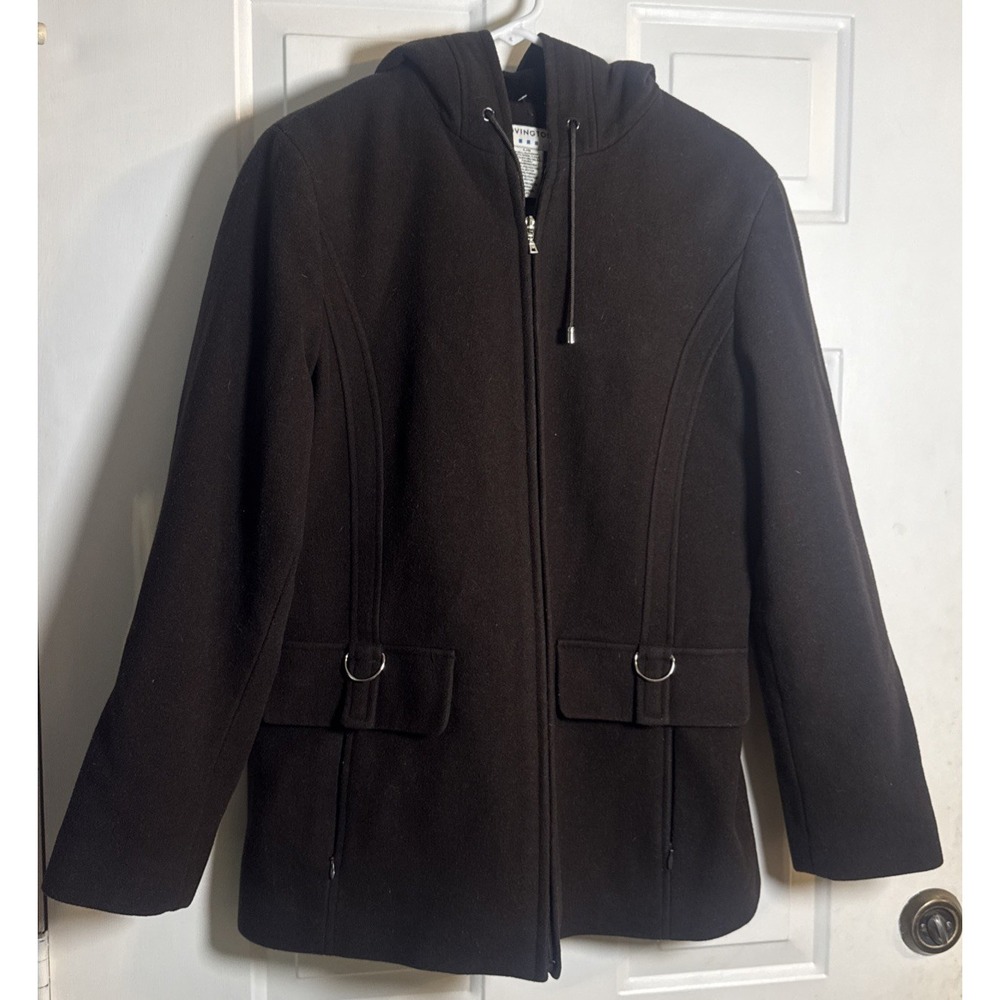 Covington Women's Wool Blend Hooded Zip Coat Brown Size L D-Ring Pockets
